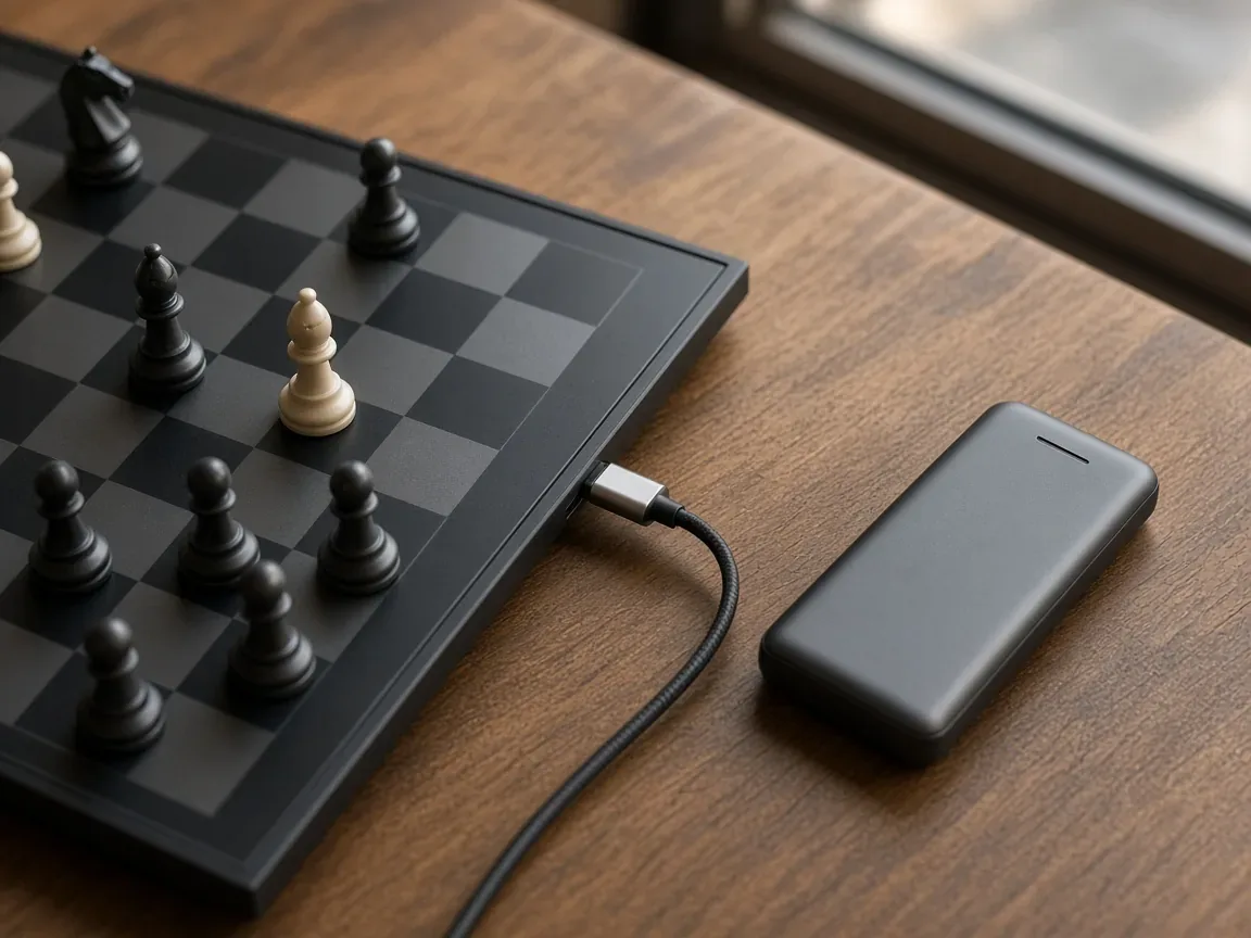Тонкая электронная шахматная доска заряжается от USB-C кабеля рядом с павербанком на столе кафе