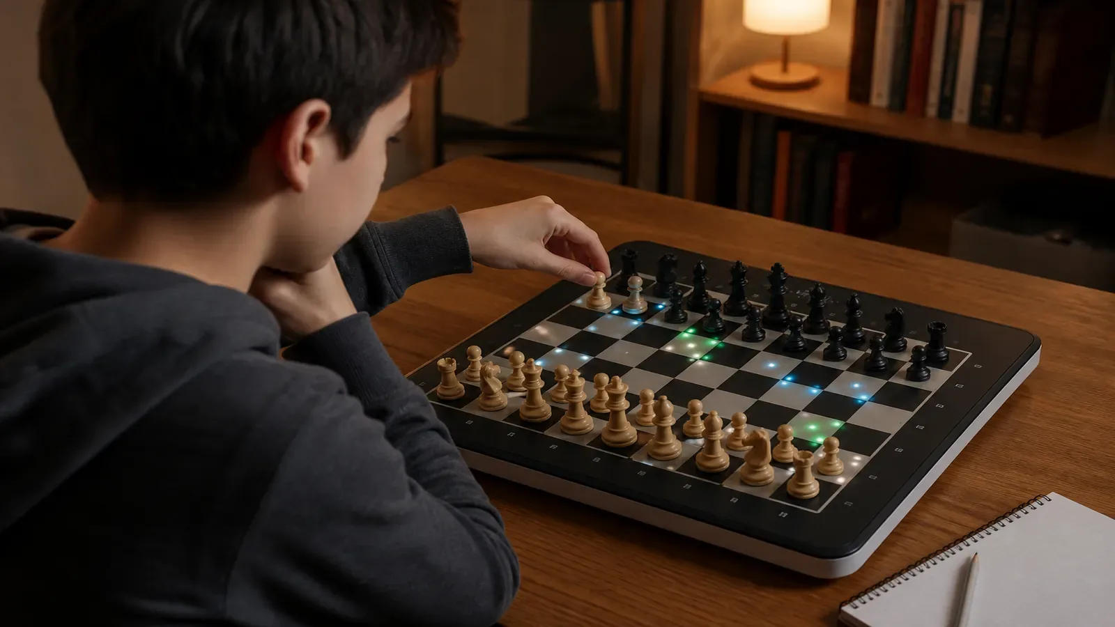 Новичок отрабатывает дебютные ходы на электронной шахматной доске