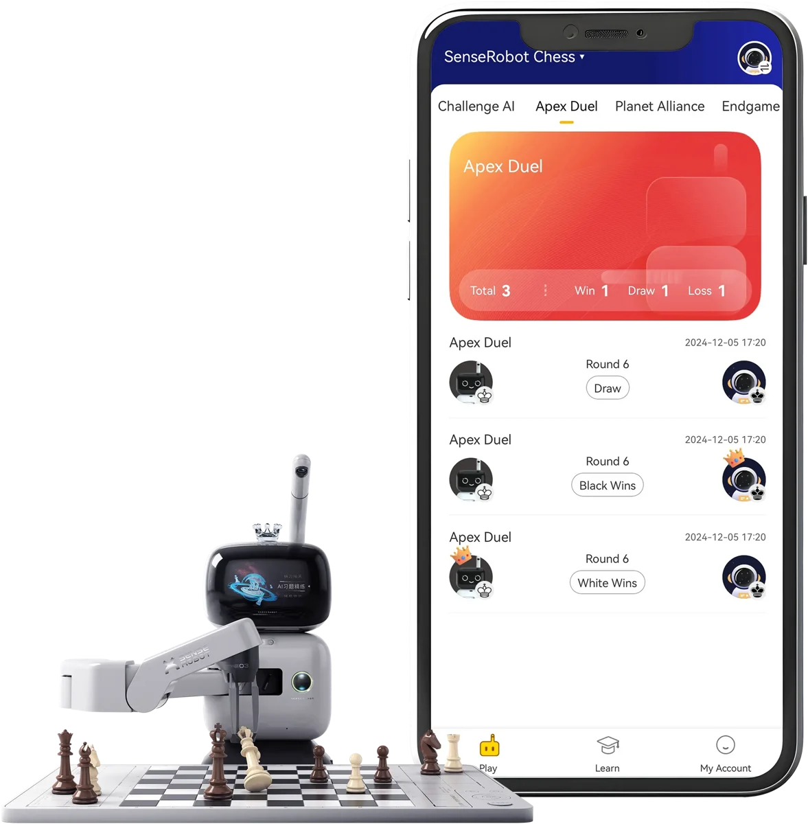 Приложение SenseRobot на телефоне рядом с роботом: история партий режима Apex Duel